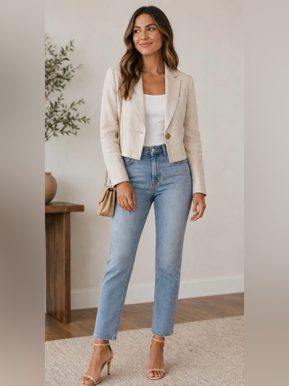 American Eagle Cropped Linen Blazer Beige Neutral Spring Summer XS